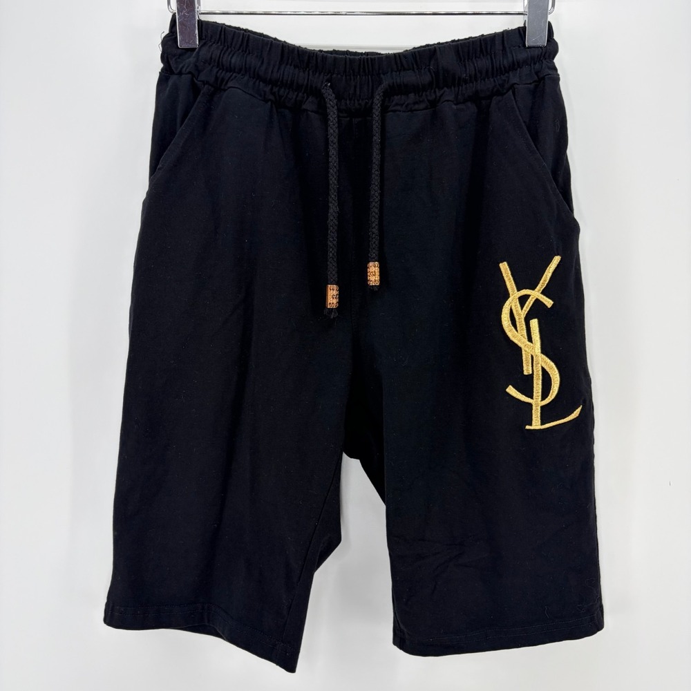 Yves Saint Laurent Shorts M Black Gold Embroidered Logo Drawstring Streetwear